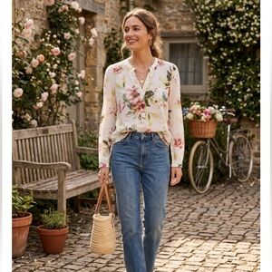 Zara White & Pink Greeb Floral Blouse | Lightweight Long Sleeve Top size M